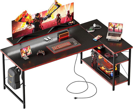 Mericonia 48 in Corner Desk with Monitor Stand, Small L Shaped Gaming Desk | Reversible Computer Desk with Power Outlets, LED Light & Storage Shelves, Office Table for Home Bedroom Study Work Writing by MERICONIA