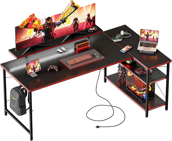 Mericonia 55 in L Shaped Gaming Desk, Large Corner Desk with Monitor Stand | Reversible Computer Desk with Power Outlets, LED Light & Storage Shelves, Office Table for Home Bedroom Study Work Writing by MERICONIA