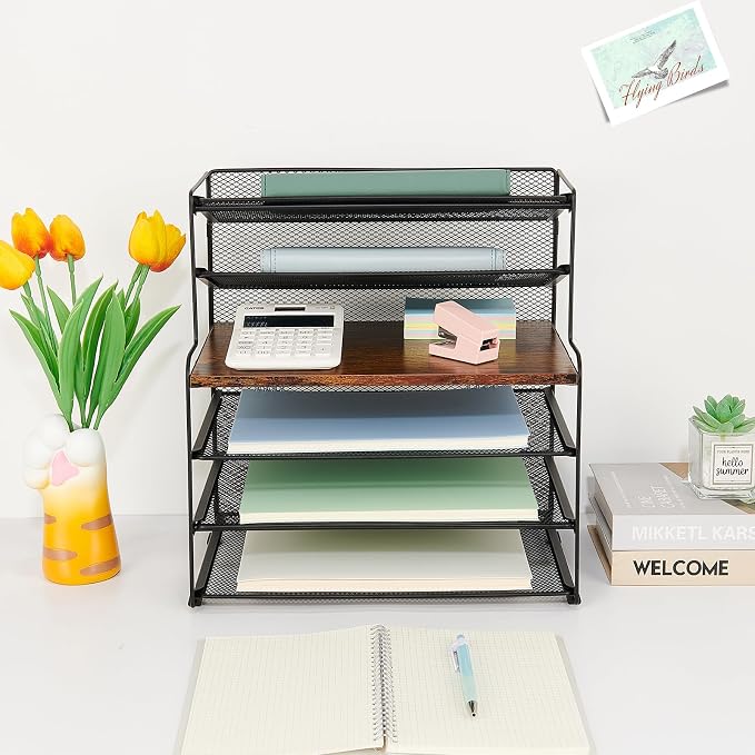 OPNICE 6-Tier Letter Tray Paper Organizer, Desk Organizers and Accessories, Desktop File Organizer, Office Desk Accessories for Office Supplies (Wood Brown) - Image 6