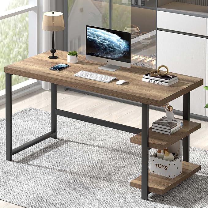 FOLUBAN Computer Desk, Modern Home Office Desk with Storage Shelves, Writing Study Gaming Table for Living Room Bedroom, Rustic Oak, 53 Inch by FOLUBAN
