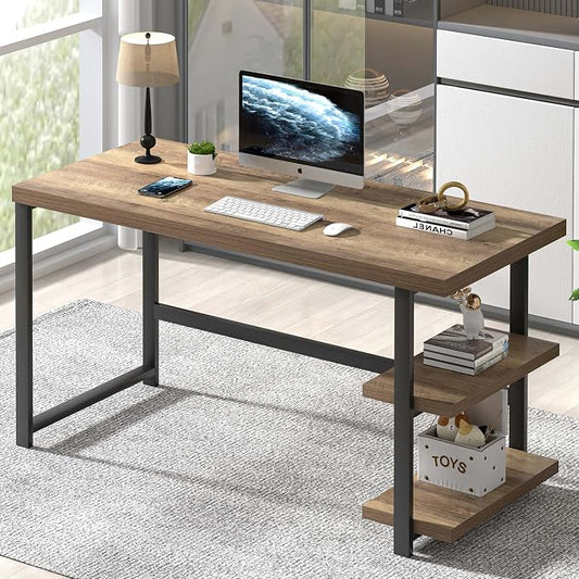 FOLUBAN Computer Desk, Modern Home Office Desk with Storage Shelves, Writing Study Gaming Table for Living Room Bedroom, Rustic Oak, 53 Inch by FOLUBAN