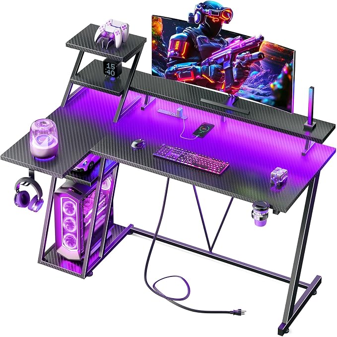 Korfile 55 Inch Gaming Desk with Power Outlet, LED, Monitor Stand, Black | Gaming Computer Desk, L Shaped Gamer Workstations, Storage Shelves, for Bedroom & Gaming room by Korfile