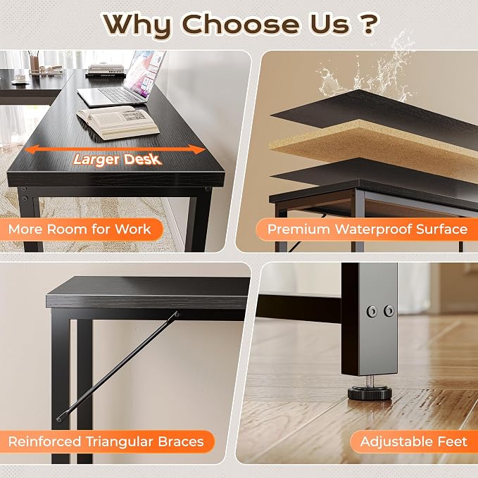 Huuger 63 Inch L Shaped Desk with Power Outlets and USB-C Port, Reversible Computer Desk, Larger Office Corner Gaming Desk, 0.95 Inch Thicker Desktop, Metal Frame, for Home Office, Study, Black - Image 8