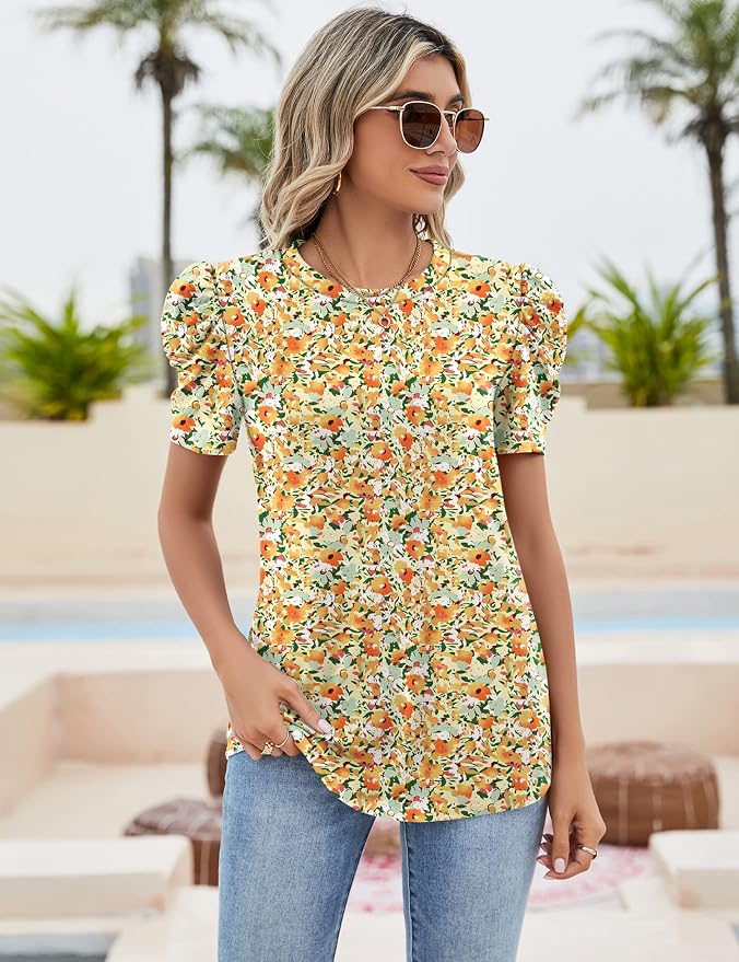 Ivicoer Puff Short Sleeve Shirt for Women Eyelet Tops Summer Crewneck Blouse Loose Fit S-XXL - Image 2