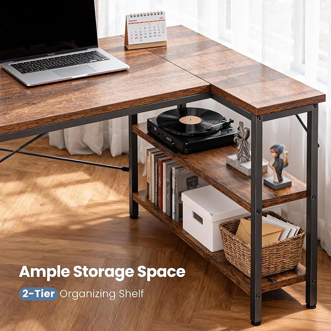 DUMOS L Shaped Computer Desk, 55" Gaming Corner Desks with Shelves | Home Office PC Table, Writing Working Study Desk with Reversible Layout, Bedroom Dorm, Rustic Brown - Image 5