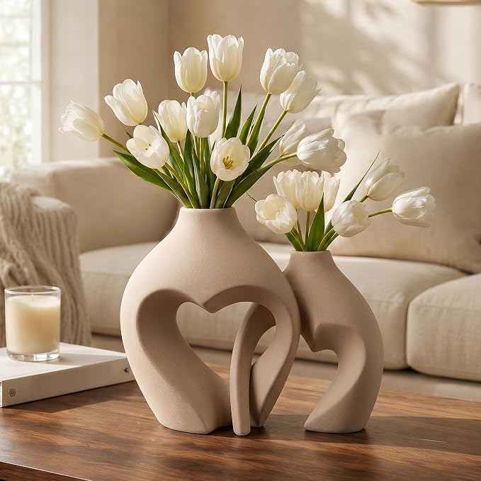 Ceramic Flower Vases Home Decor Heart Shaped Vase Set of 2 | Nordic Heart Shaped Vases Minimalist Decorative Vase for Table Centerpiece Wedding Dining Living Room Office House Decoration - Image 5