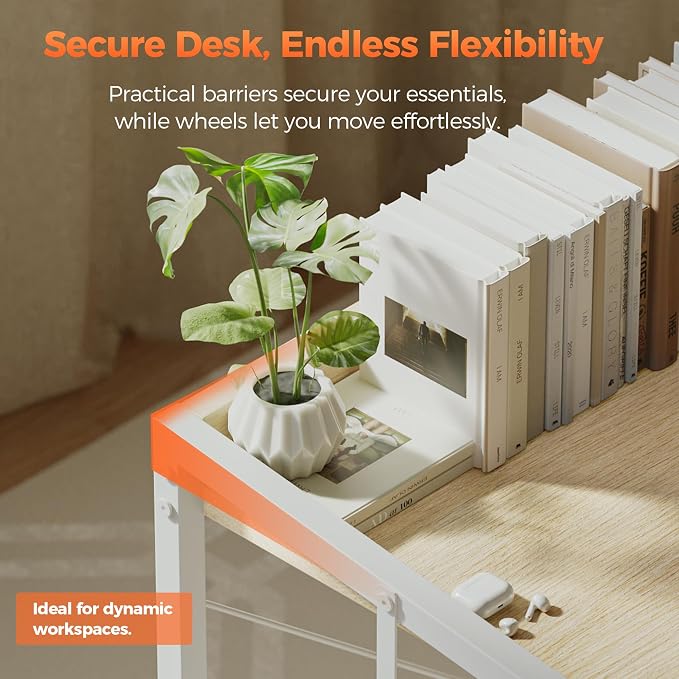 Mericonia 47x20 Inch Small Computer Desk with Wheels & Rear Lip | Simple Rolling Desk, Writing Table for Home Office Bedroom Work Study, Oak - Image 4