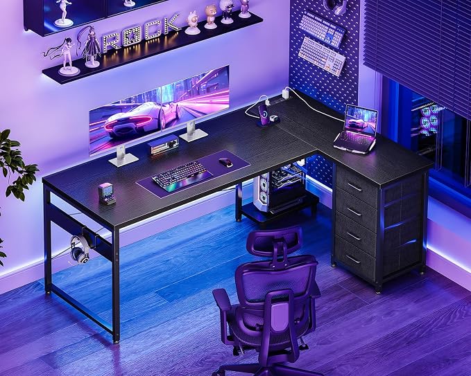 AODK 61" L Shaped Gaming Desk with 4 Drawers and Power Outlets, Black | USB Ports, PC Tower Stand, Hooks, Reversible Corner Layout for Gaming Rooms, Bedrooms and Home Office - Image 2