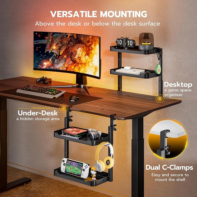 ARES WING 2-Tier 16 inch Clamp On Desk Shelf, Above or Under Desk Storage | Adjustable Desktop Organizer Shlef Holds 66 lbs Heavy Duty, with Headphone Holder for Working and Gaming Accessories, Black - Image 4