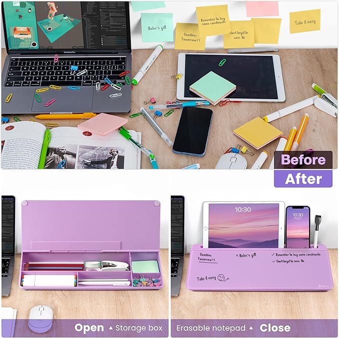 Varhomax Glass Desk Whiteboard with Storage, Desktop Organizer to-do List Memo Notepad Dry Erase White Board for Home Office and School Supplies (Purple) - Image 6