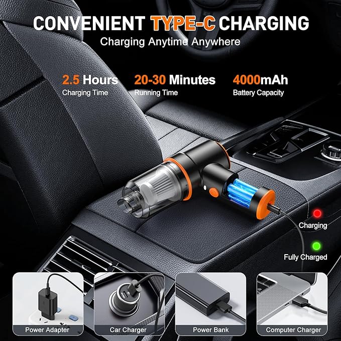 KMM Handheld Car Vacuum Cleaner, 9000PA Vacuum Cleaner & Air Duster, 120W High Power Vacuum Portable Cordless, Hand Held Vacuum Rechargeable with Multi-Nozzles & LED Light for Home, Car, Office - Image 4