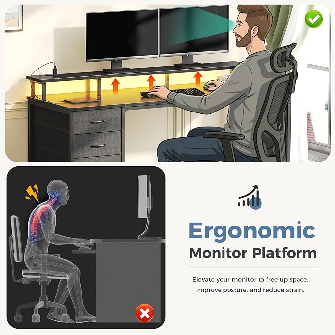DUMOS 40-Inch Gaming Desk with Power Outlets and LED Lights, Black | Computer Desk with 4 Storage Drawers, Home Office Desk with Monitor Stand, Small Desk for Bedroom Study - Image 6