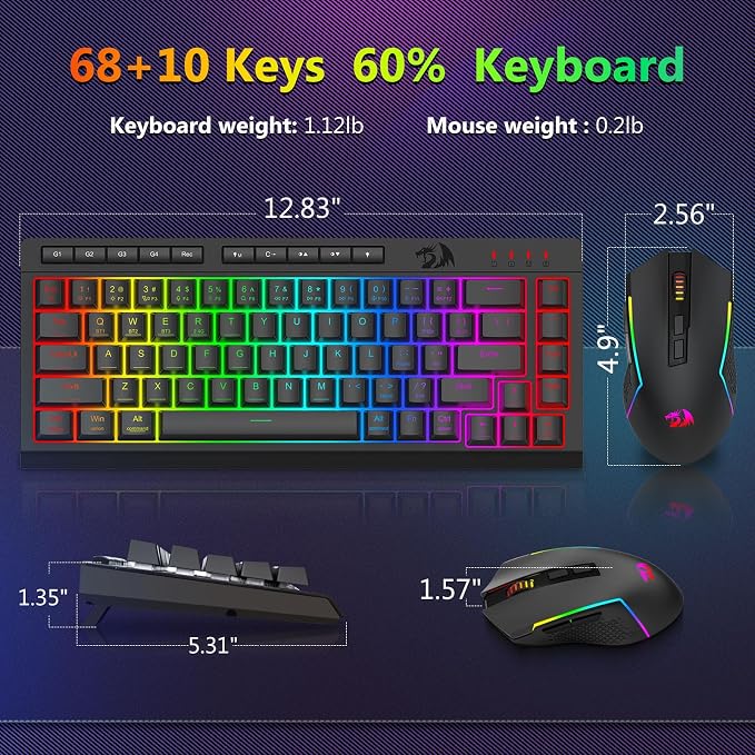 Redragon Wireless Gaming Keyboard and Mouse Combo, 60% Portable, Black | Bluetooth/2.4G/USB-C Wired, RGB Backlit, Quiet Rechargeable Macro Membrane Keyboard & 12800 DPI Mouse for Win/MAC - Image 8