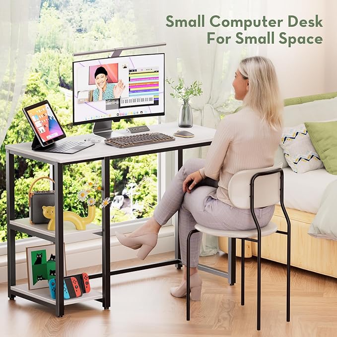 SINPAID 40" Small Computer Desk with Study Shelves for Home Office,White | Easy Assembly Study Desk, Sturdy Writing Desk for Bedroom & Home Office, Cream White - Image 3