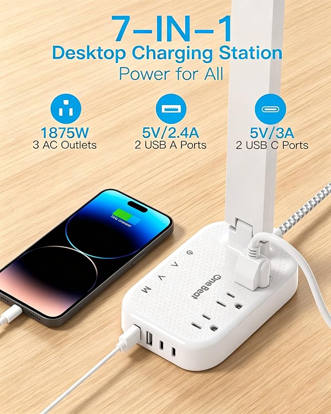 LED Desk Lamp, 10Ft Power Strip with 3 Outlets 4 USB Ports(2 USB C), White | One Beat 4 Modes 5 Level Brightness Touch Lamp, Small Desk Lamp for Home Office College Dorm Essentials, Study Reading Light - Image 3