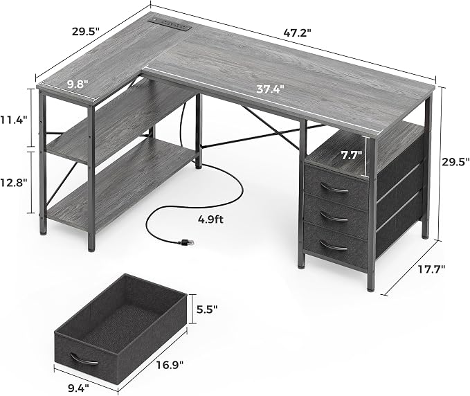 Huuger L Shaped Office Desk with Power Outlets, 47 Inch Computer Desk with 3 Drawers, Shelves, for Gaming, Corner Work, Home Office, Study, Grey - Image 3