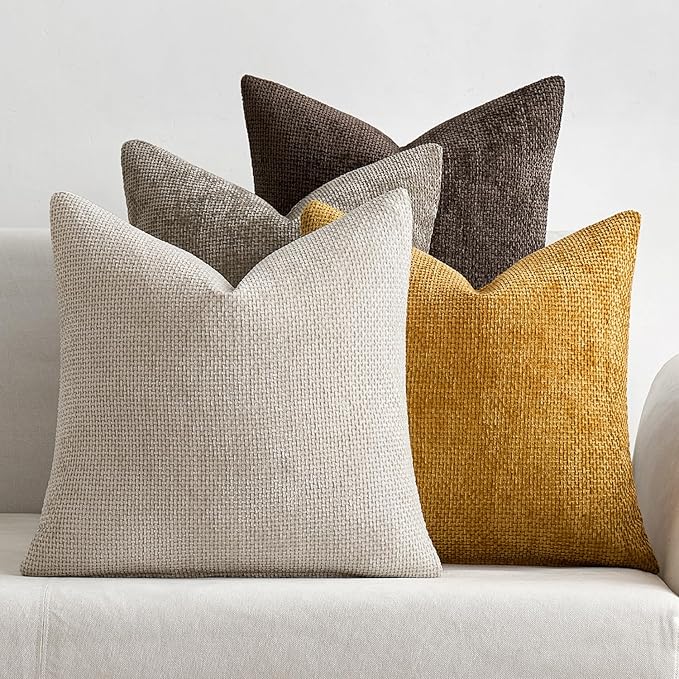 MIULEE Pack of 4 Couch Throw Pillow Covers 20x20 Inch Neutral Gold/Brown Soft Decorative Chenille Pillow Covers Farmhouse Accent Cushion Covers for Boho Fall Home Decor Sofa Bedroom Living Room by MIULEE