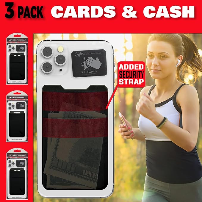 Gecko Travel Tech Double Pocket - Adhesive Card Holder - Cell Phone Pouch - Stick on Spandex Pocket - Carry Credit Cards and Cash (3 PACK - -BLANK- BLACK) - Image 2