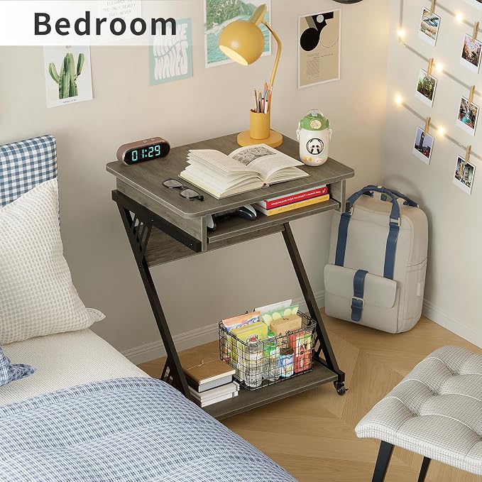ALISENED Computer Desk for Small Spaces Compact Desk with Keyboard Tray | 23.6" Z-Shaped, with Wheels and Bottom Shelves, for Home Office, Computer Cart Mobile Laptop Cart, Grey - Image 8