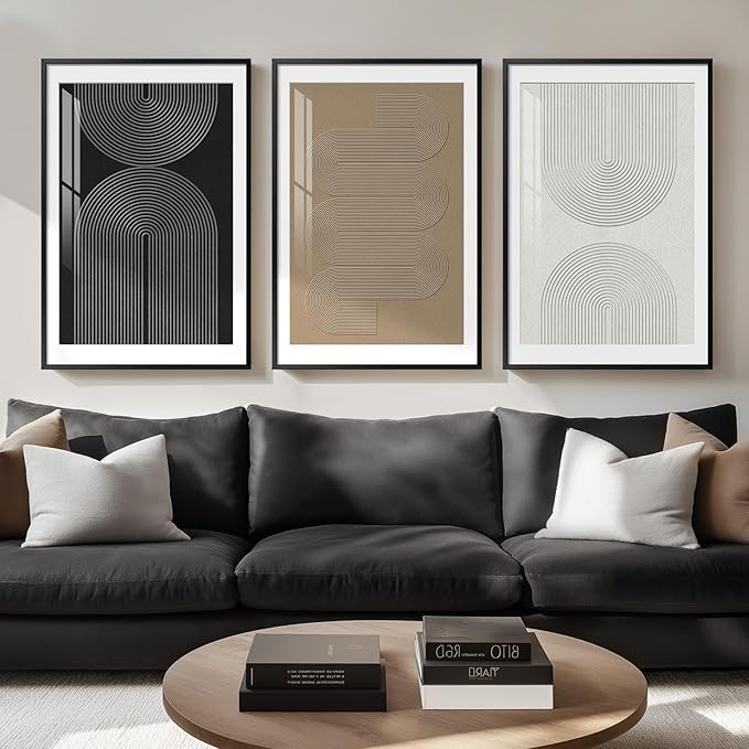 Large Framed Boho Neutral Abstract Wall Art, 3 Piece Modern Art Prints Paintings Artwork for Walls, Minimalist Black White Brown Geometric Pictures for Living Room, Dining Room, Bedroom Wall Decor by Cuspin