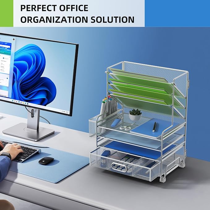 MINDEPOT 4-Tier Paper Organizer + 3-Pocket File Holder + Drawer + Pen Holders, Desktop File Organizers Paper Tray for Office Supplies School Classroom Organization (Silver, with Drawer & Pen Holder) - Image 5