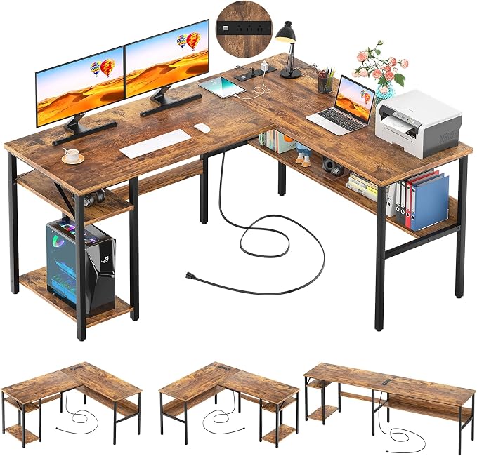 Unikito L Shaped Computer Desk with Magic Power Outlets and USB Charging Port, Sturdy Reversible Corner Desk with Storage Shelves, Modern Work Desk for Home Office, Easy to Assemble, Rustic Brown by Unikito