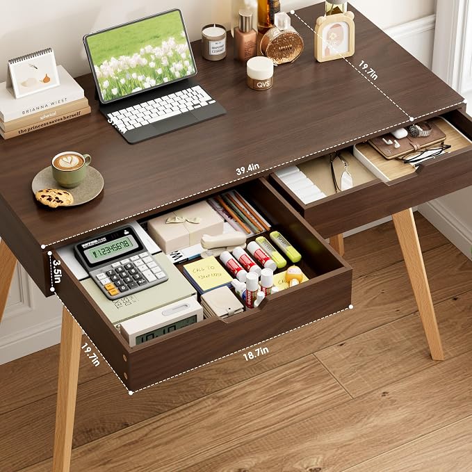 FOTOSOK White Computer Writing Desk with 2 Drawers, Small Desk Makeup Vanity Table Wood Desk with 4 Oak Legs, Modern Home Office Desk Console Study Table, Walnut - Image 5