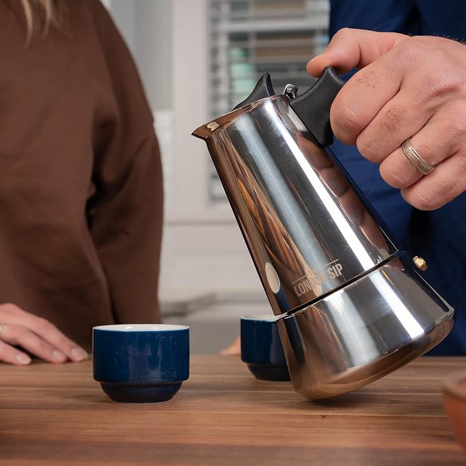 London Sip Stainless Steel Stovetop Espresso Maker Moka Pot Italian Coffee Percolator, Silver, 3 Espresso Cups - Image 3