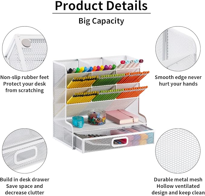 Marbrasse Mesh Desk Organizer - Multi-Functional Pen Holder with Drawer, Desktop Stationary Storage Rack for School, Home, Office, Art Supplies (White Mesh) - Image 2