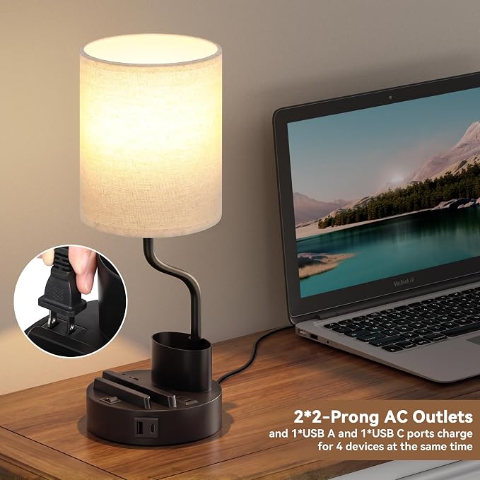 Fenmzee Bedside Lamps for Bedroom Set of 2 - Table Desk Lamp for Nightstand | 15" Table Lamp for Living Room with Pen Holder & Phone Stand, USB A+C Port, AC Outlet, 3 Color Temperature, LED Bulb Included - Image 8