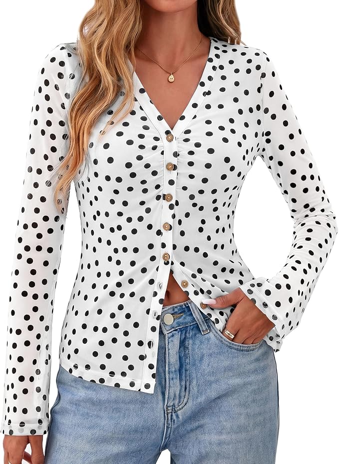 BTFBM Button Down Shirts for Women 2026 Fall Boho Tops V Neck Long Sleeve Blouses Ruched Mesh Fitted Fashion Clothing - Image 6
