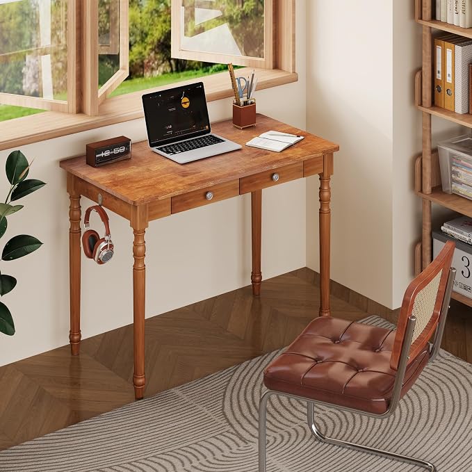 Solid Wood Writing Desk with Drawers - 39.4" Small Wood Vintage Desk, Mid Century Modern Desks, Wooden Computer Desks for Home Office, Traditional Vanity Dressing Table for Bedroom, Walnut - Image 6