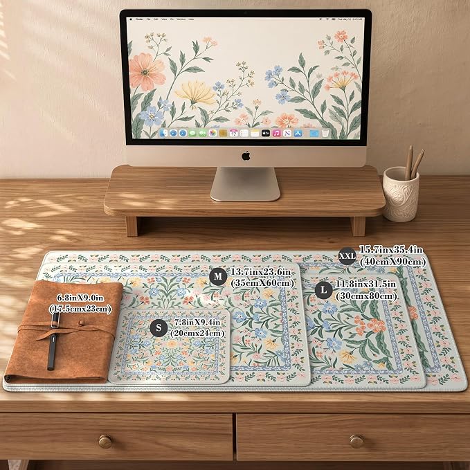 iCasso Aesthetic Flower Mouse Pad,23.6x13.7in, Green Floral | Desk Pad Mat, Desk Matt for Desktop Anti-Slip Mousepad with Stitched Edges for Laptop Computer Keyboard - Image 2