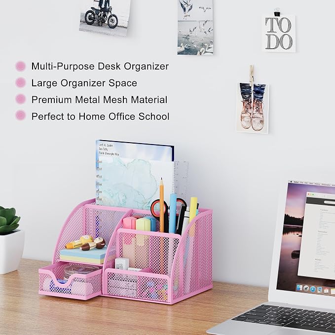 EasyPAG Mesh Desk Organizer with Drawer Multi-functional Pen Holder Stationery Organizer for Office School Supplies 6 Compartments Dorm Organizers and Storage for Desk, Light Pink - Image 2