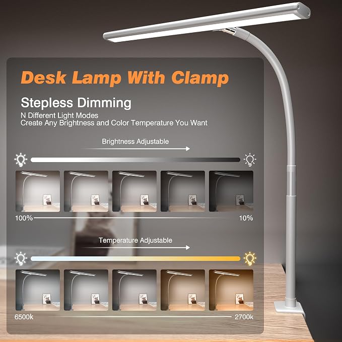 Airlonv LED Desk Lamp with Clamp, 17" Stepless Dimming Light, White | 2700K-6500K, 100 LEDs, 360° Gooseneck, Fits Up to 30" Monitors, Flicker-Free Lighting for Home Office, Study& Workbench - Image 2