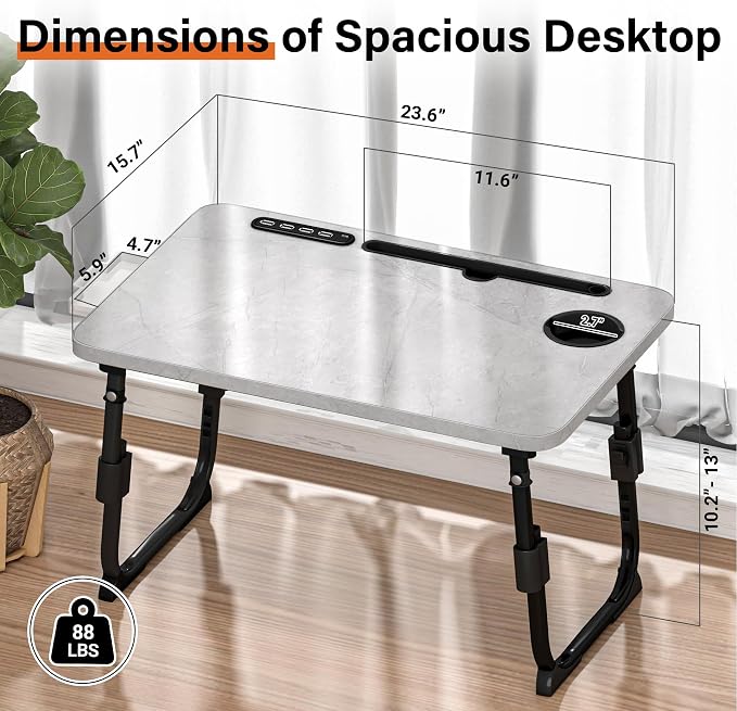 Lap Desk for Bed, Adjustable Laptop Desk with USB Charging Port, Storage Drawer & Bookshelf — Foldable Bed Desk for WFH & Students, 23.6" Desktop Fits 19" Laptop, Non-Slip, Light Stone Texture - Image 4