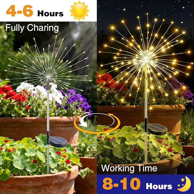 btfarm 1 Pack Solar Garden Lights Outdoor, 8 Modes Firework Lights Solar Powered, Waterproof Twinkle Fairy Light Outside for Yard Patio Pathway Pool Christmas Party Decorative, Warm White - Image 5