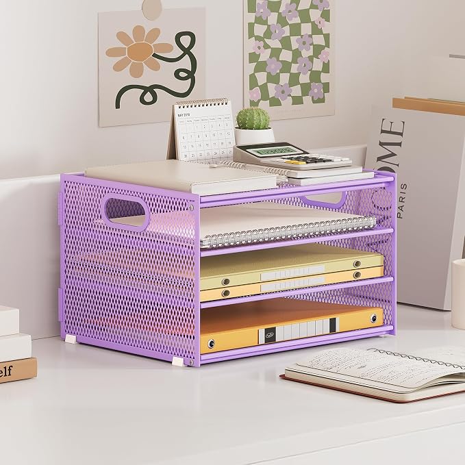 Subekyu Paper Letter Tray Organizer for Desk, Purple Metal Mesh Desk File Sorter Organizer with Handle and 2 Sliding Trays for Home Office School Supplies Organization - Image 6
