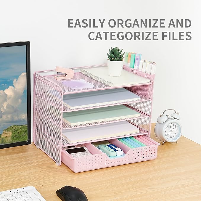 LEKETREE Desk Organizers and Accessories, 5-Tier Paper Letter Tray Organizer with Drawer & 2 Pen Holders, Desktop Organizer for Office Supplies (Pink) - Image 5