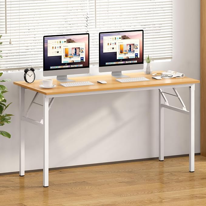 Need Office Computer Desk 60 Inch Sturdy Folding Laptop Table Teak | White Frame Writing Gaming Work Table/Foldable Home Office Desk/Sewing Table, No Assembly Required - Image 2