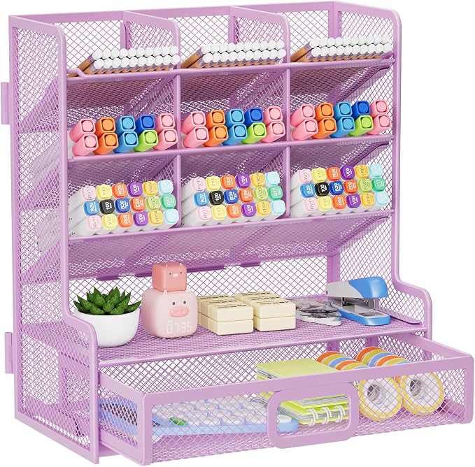 Marbrasse Larger Mesh Desk Organizer with Drawer, Multi-Functional Pen Pencil Holder, Easy Assembly, Desk Organizers and Accessories for Office Art Supplies (Purple) by Marbrasse
