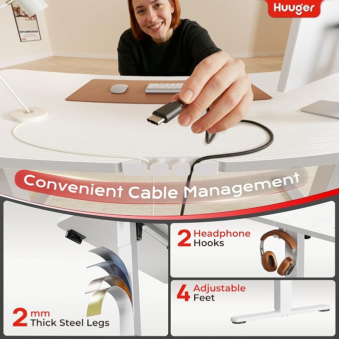 Huuger Electric Standing Desk with Power Outlets and USB-C Port, 47 X 24 Inch Height Adjustable Desk, Sit Stand Desk for Home Office, Computer & Gaming Desk with 4 Presets, Stable Steel Frame, White - Image 6