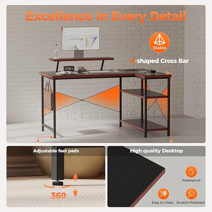 Mericonia 40 in Corner Desk with Monitor Stand, Small L Shaped Gaming Desk | Reversible Computer Desk with Power Outlets, LED Light & Storage Shelves, Office Table for Home Bedroom Study Work Writing - Image 6