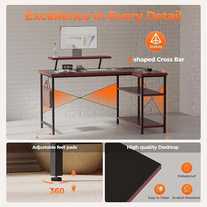 Mericonia 48 in Corner Desk with Monitor Stand, Small L Shaped Gaming Desk | Reversible Computer Desk with Power Outlets, LED Light & Storage Shelves, Office Table for Home Bedroom Study Work Writing - Image 6