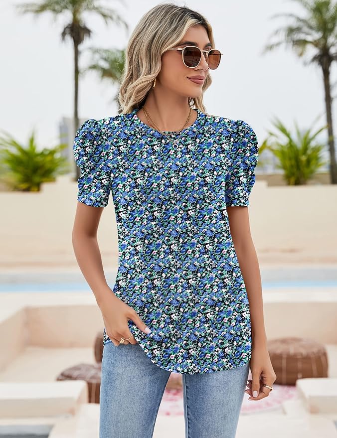 Ivicoer Puff Short Sleeve Shirt for Women Eyelet Tops Summer Crewneck Blouse Loose Fit S-XXL - Image 2