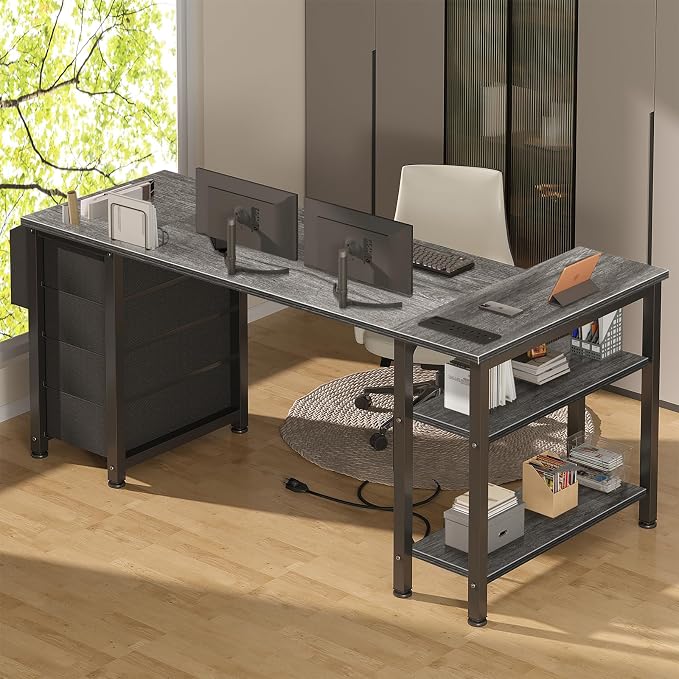 Lufeiya L Shaped Gaming Desk with Drawers & Storage Shelves, 55 Inch Corner Computer Desk with Power Outlet for Home Office Bedroom, L-Shaped Teen PC Desks with Fabric Drawer, Gray - Image 5