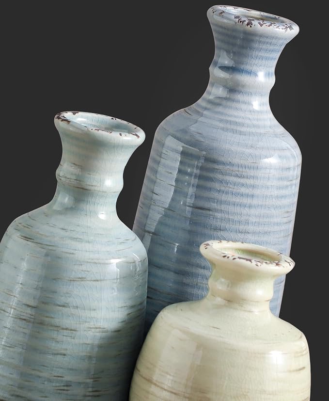 Ceramic Vase Set of 3, Rustic Neutral Vases Home Decor Farmhouse Decorative Flower Vase Modern Boho Pampass Vases for Table Mantel Entryway Shelf Living Room Kitchen Bathroom - Multicolor - Image 4