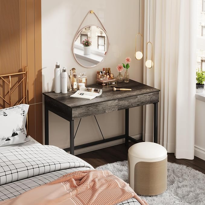 Mexin Small Desk with 2 Wooden Drawers, 40 Inch Home Office Writing Desk, Vanity Desk with Storage, Computer Desk for Bedroom Small Spaces, Table for Office, Work, Kids Study, Makeup, Gray Oak - Image 4
