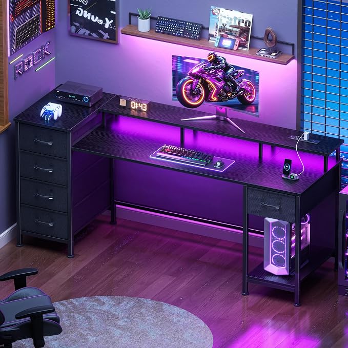 Korfile 61 Inch Gaming Computer Desk with Power Outlets,LED,5 Drawers,Black | For gaming and working,built-in power outlets and LED lights,5 fabric storage drawers, ffits 61-inch, monitor stand,black - Image 3