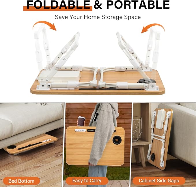 Lap Desk for Bed, Adjustable Laptop Desk with USB Charging Port, Storage Drawer & Bookshelf — Foldable Bed Desk for WFH & Students, 23.6" Desktop Fits 22" Laptop, Non-Slip, Wood - Image 7